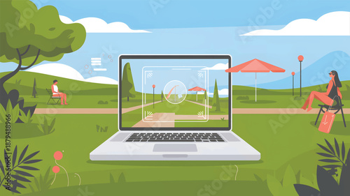 Laptop in park with editing interface on screen, green grass, blue sky