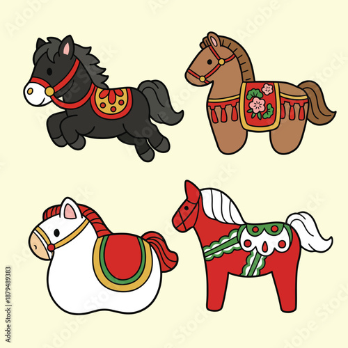 Set of Four Cute Stylized Horse Figurines in Japanese Folk Art Style