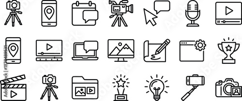 Media production and content creation icon set in outline style, featuring cameras, tripods, videos, microphones, and creative tools.