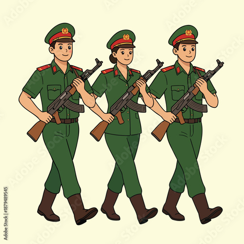 Three Vietnamese military personnel marching in formation with assault rifles