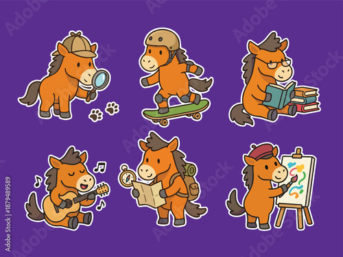 Set of six cute cartoon horse characters enjoying various creative hobbies