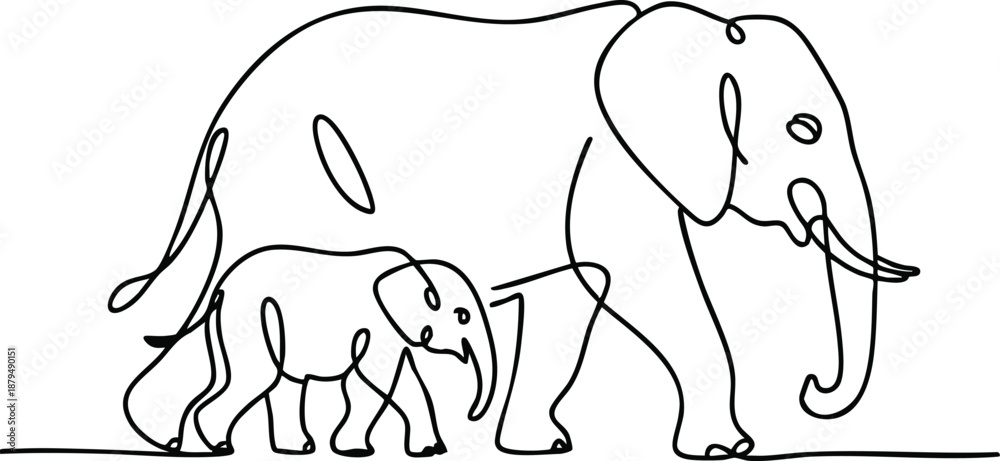 Obraz premium Continuous Line Elephant Family Art, Minimalist Mother and Calf Elephant Drawing, vector, illustration, silhouette