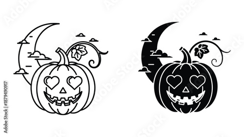 Halloween pumpkin with heart shaped eyes and crescent moon