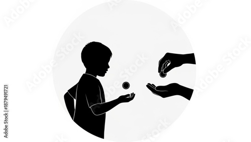 Boy Receiving Coin from Hand in Black Silhouette Isolated on White