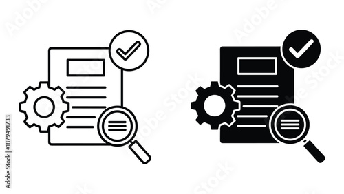 Document verification process with gear and magnifying glass