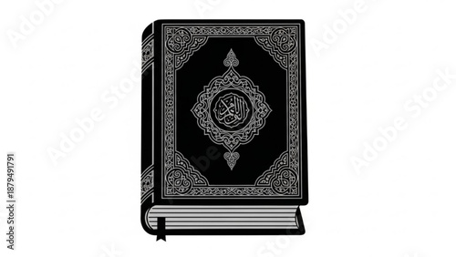 Black Book with Ornate Cover Design Standing Open on White Background