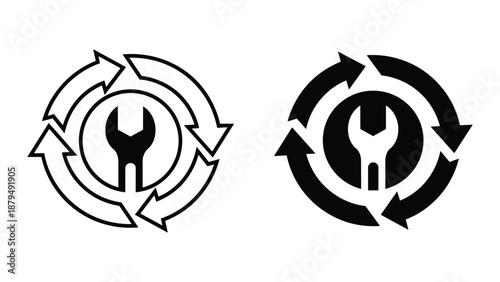 Maintenance and repair icon set with wrench and arrows