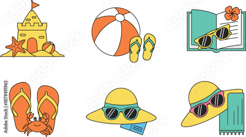 Summer vacation beach icons vector set with sandcastle flip flops hat sunglasses ball and travel accessories