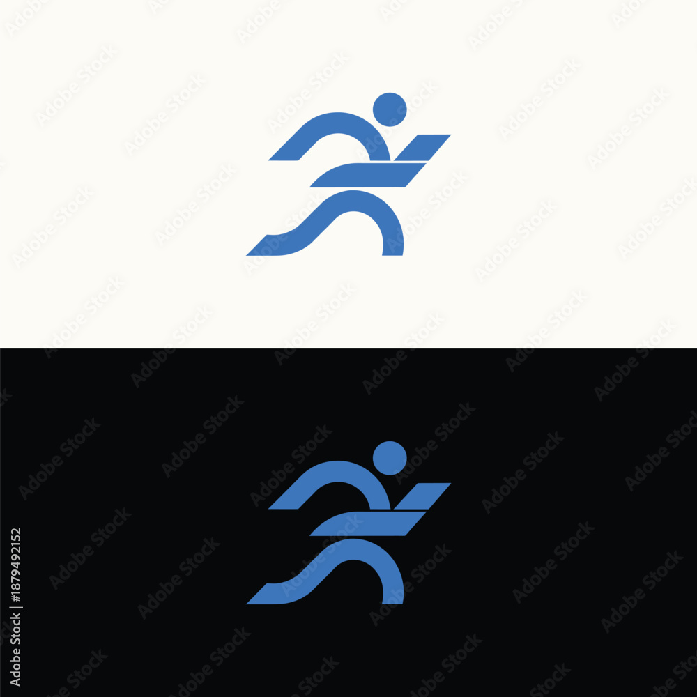 Fototapeta premium An energetic abstract logo illustrates a dynamic human figure in mid-run, constructed with flowing blue lines, symbolizing agility and swiftness.