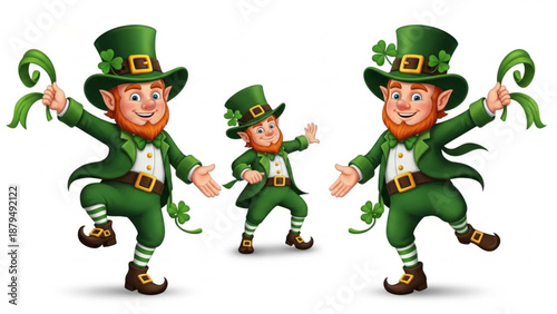 Three Leprechauns Dancing with Shamrocks on White Background