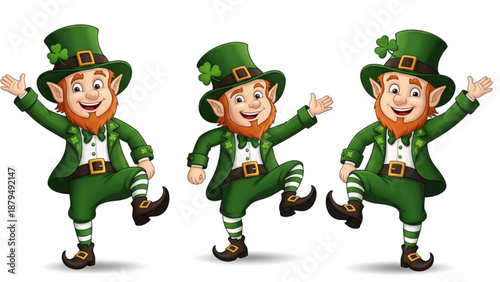Three Leprechauns Dancing on White Background