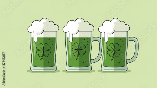 Green Beer Mugs with Shamrocks on Light Green Background for St. Patricks Day