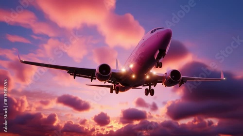 A majestic airplane captured in stunning flight against a vibrant sunset sky filled with colorful clouds, showcasing the beauty of aviation and travel in an enchanting atmosphere.
