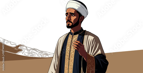 Arab Man In Traditional Clothing Standing In Desert