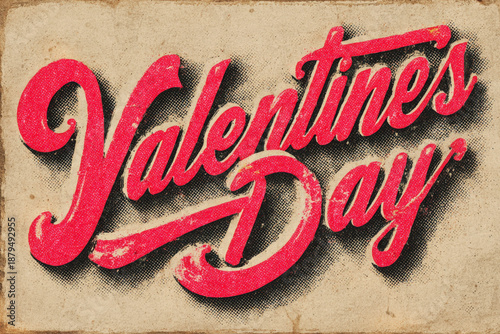 Vintage Valentines Day Script Typography with Red Lettering Halftone Shadow on Beige Paper