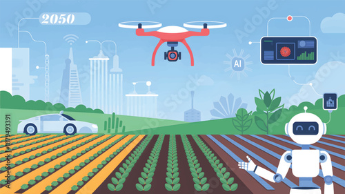 Robot and drone in a smart farm with cityscape and futuristic technology agriculture