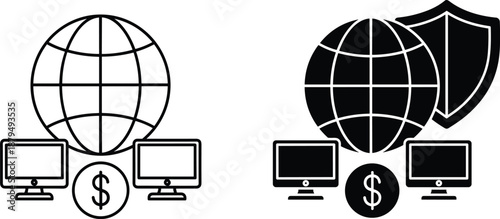 Global financial network icons illustrating secure online payments, internet banking, data protection, worldwide digital commerce, and cyber security concepts