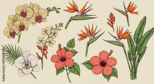 Floral illustration featuring various tropical flowers and foliage elements