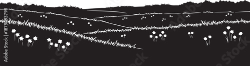 Black and white landscape with flowers and rolling hills