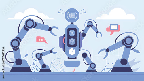 Blue robot with four mechanical arms and speech bubbles technology industry