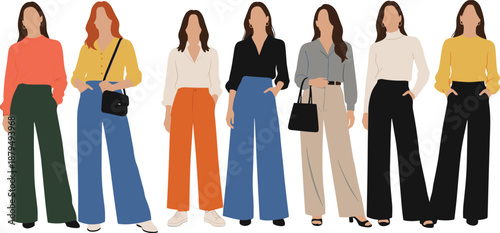 Modern women fashion outfits vector illustration set showcasing stylish casual clothing trends and diverse female looks