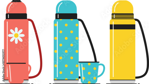 Colorful thermos bottles set with mugs vector illustration for hot drinks travel picnic and outdoor lifestyle