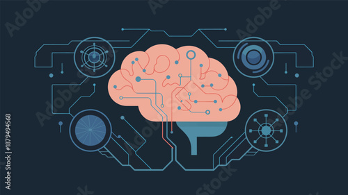 Pink brain with blue circuits and wires on dark background technology innovation design