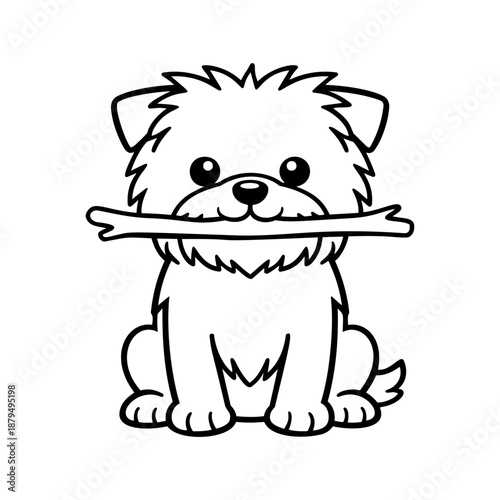 Cute fluffy puppy holding a stick in mouth, black and white outline cartoon vector illustration for pet play design, sticker, logo or kids coloring page