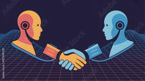 Two robotic heads shaking hands on grid background robots humanoid robots handshake futuristic
