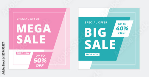 Mega Sale and Big Sale Banner Set, Modern Pink and Green Pastel Background. Special Offer Promotion Template. Suitable for social media posts, marketing ads, web and more