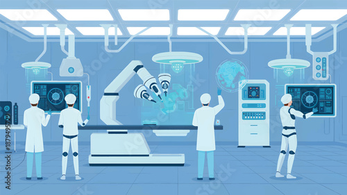 Robotic surgery team in blue lit operating room with screens and equipment medical team