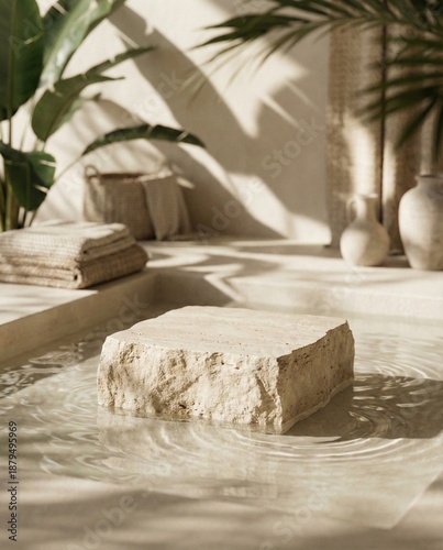 Beige rough stone podium in water with palm leaf shadows. Natural spa product display background