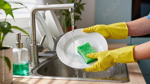 Obraz na płótnie cleaning the dishes, She wears protective rubber gloves, Surfaces are shiny and