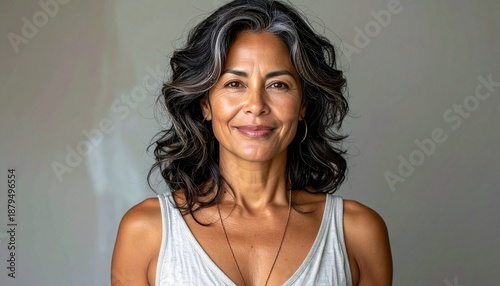 Portrait of a beautiful mature woman with wavy dark hair and a gentle smile.