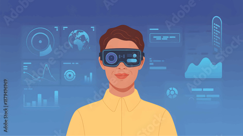 Man wearing virtual reality goggles in front of blue background with graphs and charts