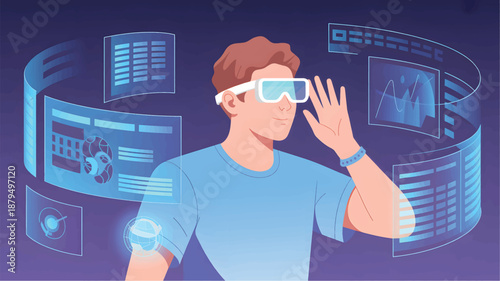 Man wearing virtual reality goggles and interacting with digital screens VR goggles futuristic