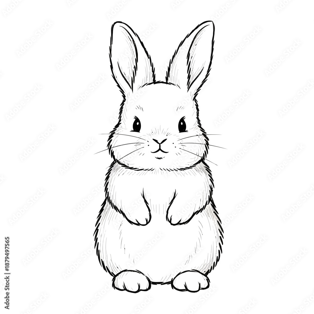 Fototapeta premium Cute fluffy bunny illustration, black and white sketch
