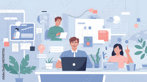 People working at desk with laptops and calls office workspace computer