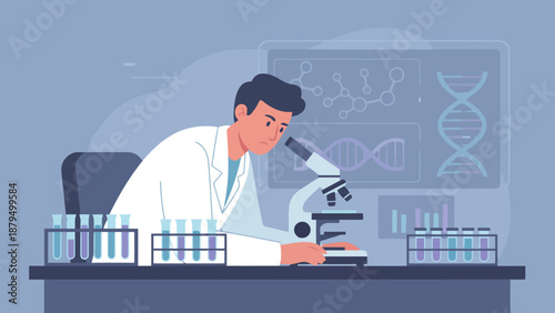 Male scientist in a white lab coat examining samples with a microscope in a modern laboratory setting, surrounded by test tubes and digital displays of DNA.