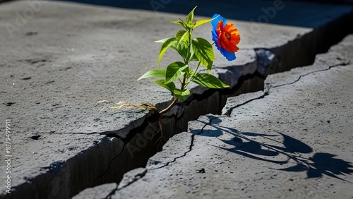 A vibrant, dual-colored flower with exposed roots defiantly emerges from a deep fissure in rigid concrete, illustrating life's profound resilience, the relentless pursuit of growth