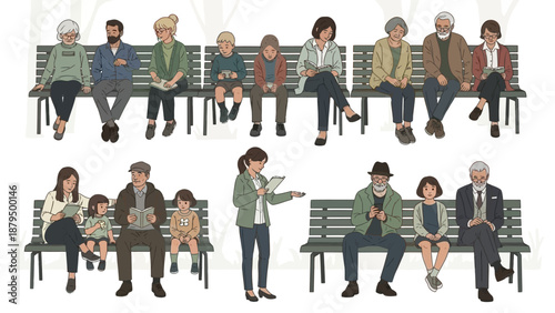 Diverse People Waiting in Seated on Benches in a Park or Waiting Room