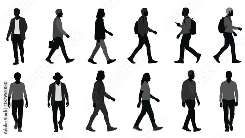 Diverse Collection of Silhouettes Representing People Walking in Various Poses and Styles