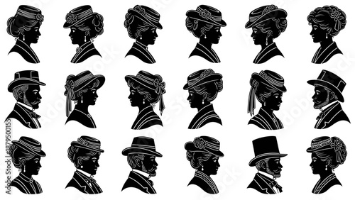 Vintage Silhouette Portraits of Men and Women in Period Attire