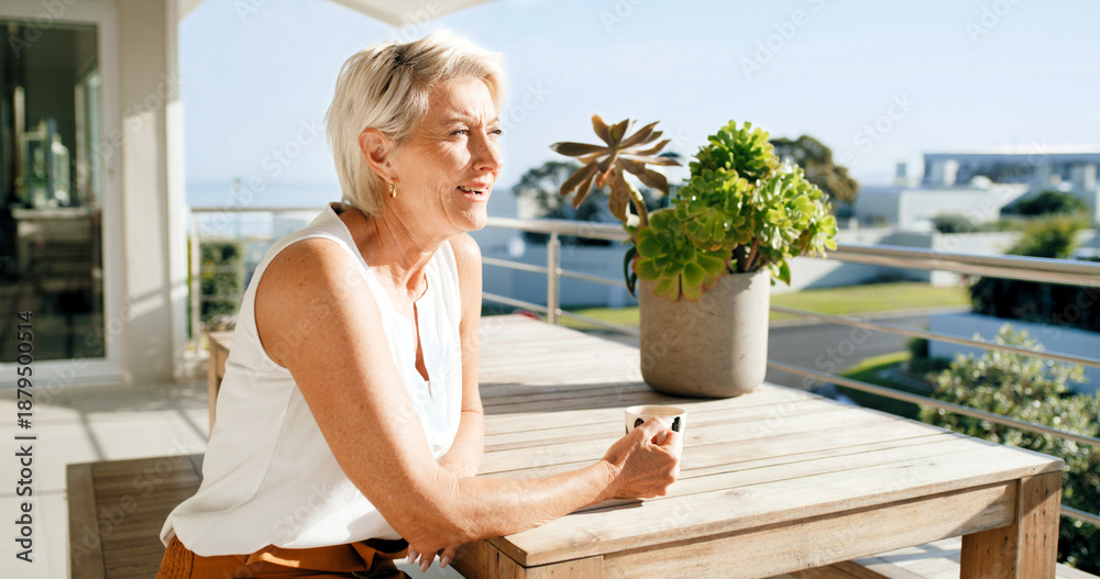 Fototapeta premium Balcony, coffee and thinking with senior woman at apartment for break, reflection or retirement. Home, ideas or relax and old female person with drink outdoor for fresh air, me time or planning