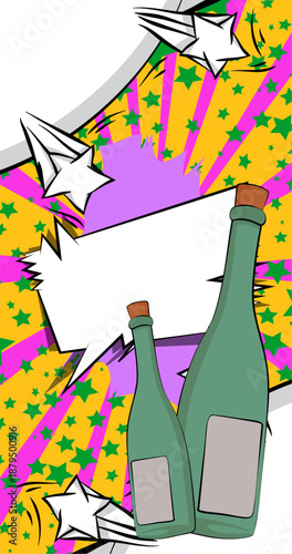 Cartoon glass bottle with blank speech bubble, comic book drink background. Retro vector comics pop art design.