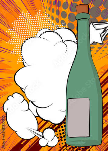 Cartoon glass bottle with blank speech bubble, comic book drink background. Retro vector comics pop art design.