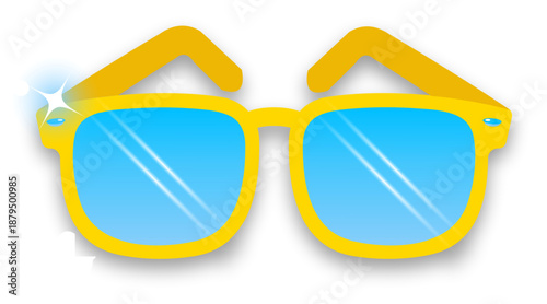 Flat vector illustration of yellow summer sunglasses with blue gradient lenses and reflection.