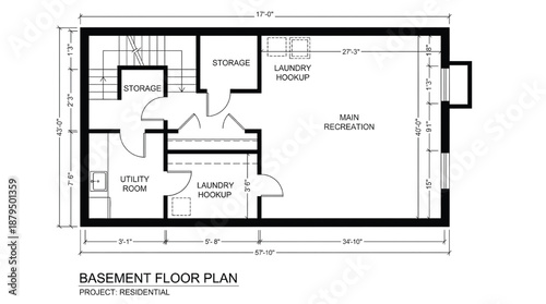 Detailed residential basement floor plan with storage and laundry