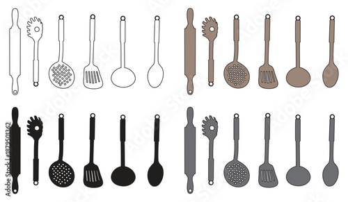 Diverse kitchen utensil collection in outline, solid, and silhouette styles