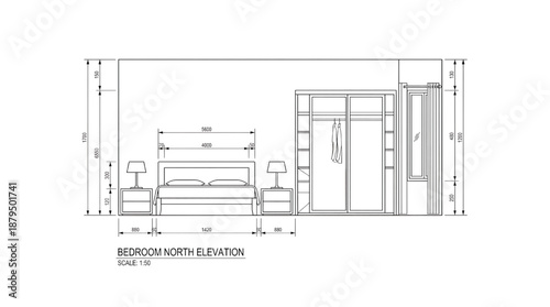 Detailed bedroom north elevation floor plan with measurements